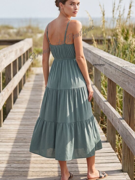 Zenana Free Flowing Ash Jade Sweetheart Tiered Ruffle Spaghetti Strap Sundress. - Picture 2 of 9
